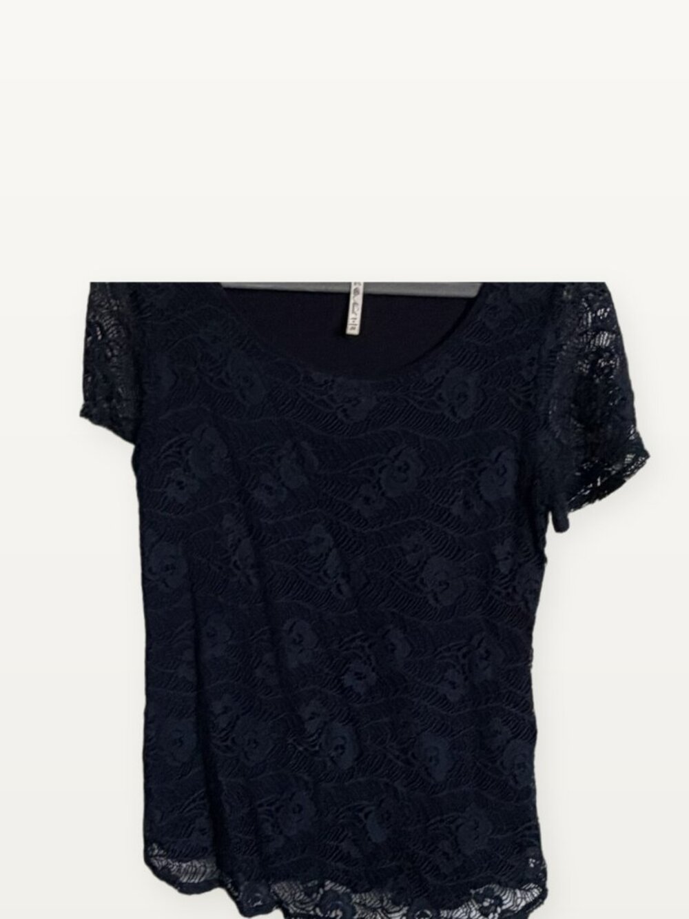 Leo & Nicole Navy Floral Lace Overlay Short Sleeve Top M